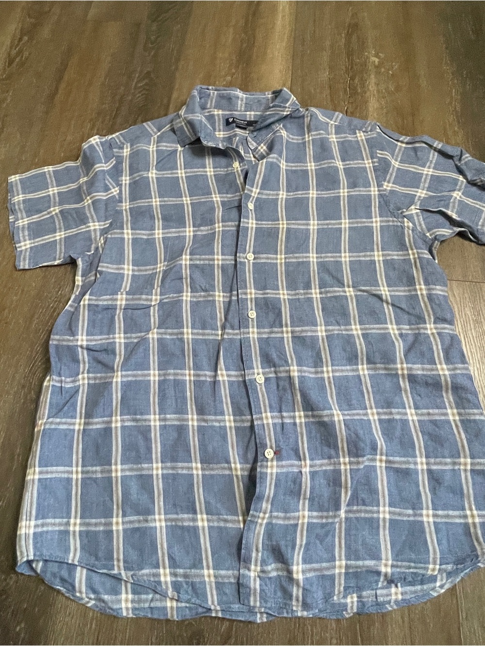 Daniel Cremieux Blue and White Plaid Short-Sleeve Button-Down Shirt Linen L